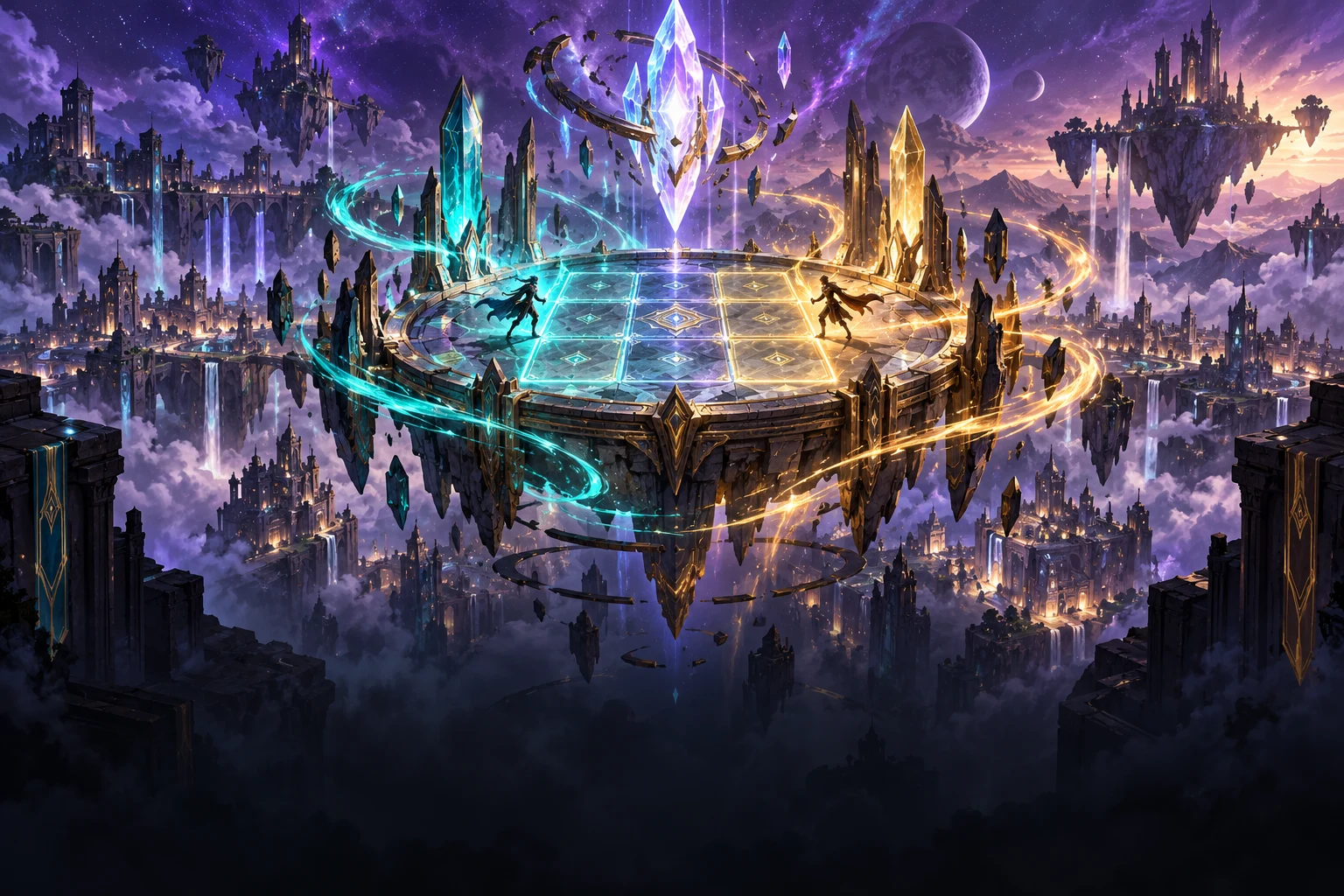 A luminous science-fiction fantasy card arena