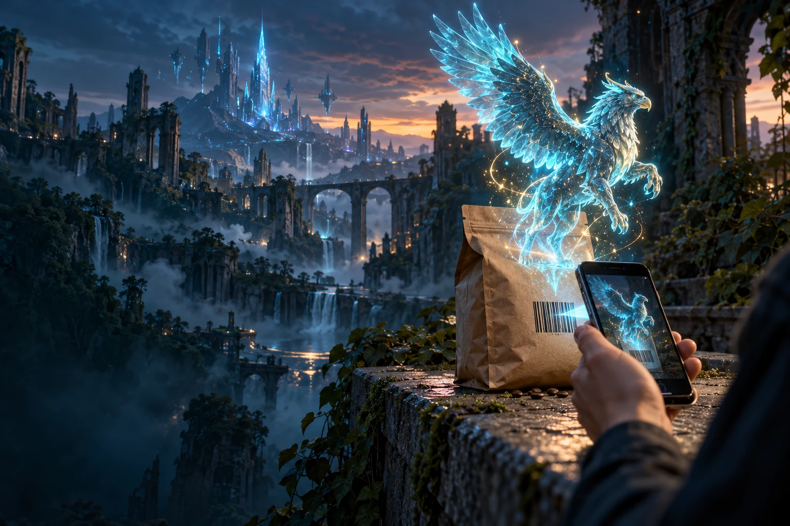 A spectral griffin appearing above an everyday product barcode