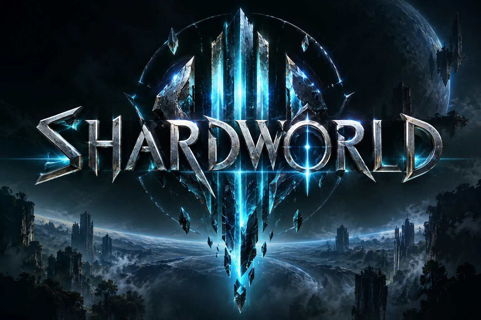 Shardworld crystalline portal above a mysterious ruined world