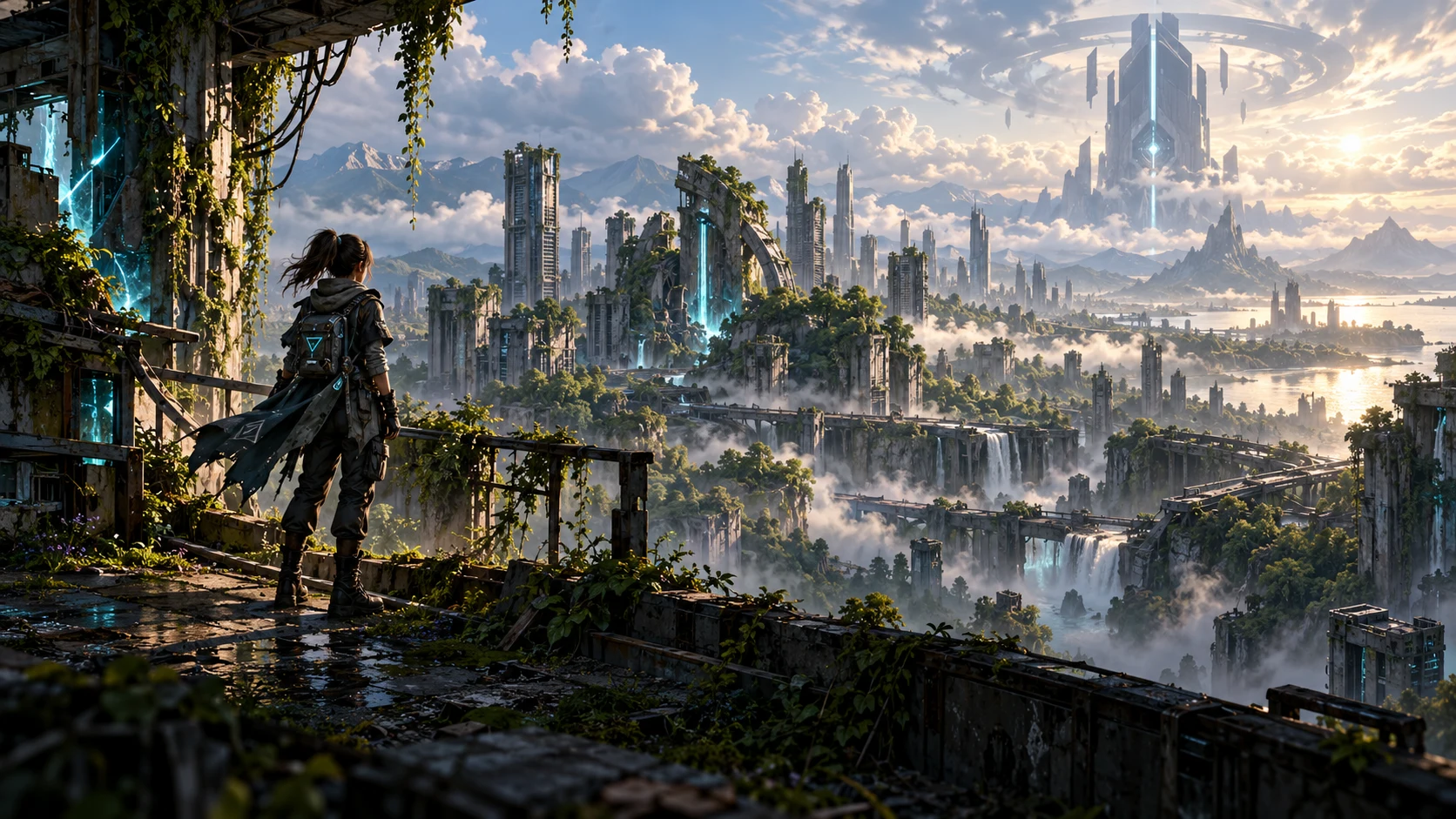 Seekers in a world of overgrown ruins and luminous technology